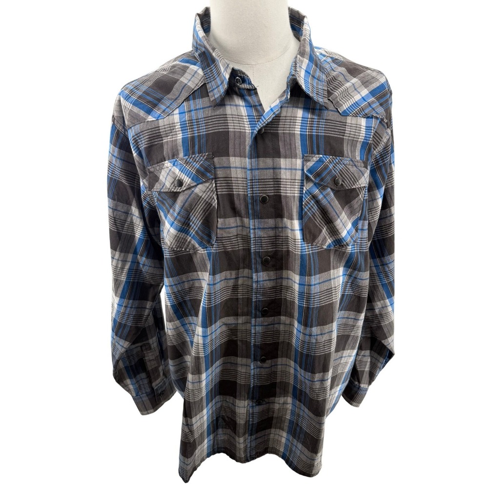 Wrangler Jeans Co Mens 2XL Blue‎ Black Plaid Western Snap Long Sleeve Shirt